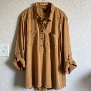 Multiples 100% Lyocell Long Sleeve Mustard Button-Up Lagenlook Blouse Oversized